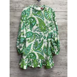 Staud 10 Paisley Carolina Shift Mini Dress Green White Cotton Blend 3/4 Sleeves